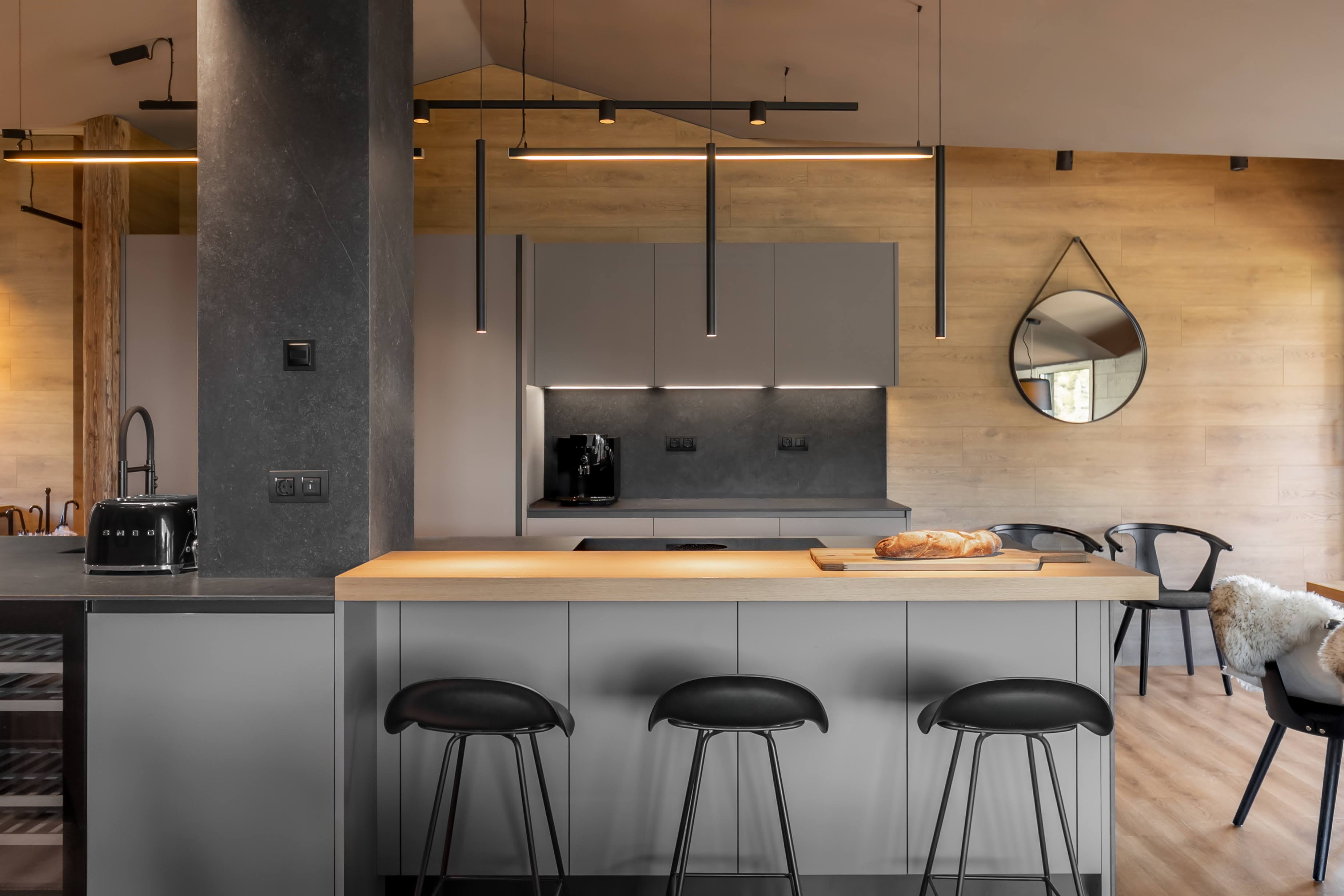 Fully equipped modern kitchen in luxury ski apartment