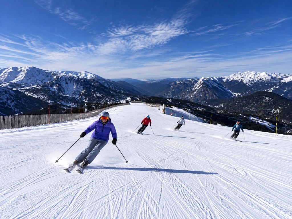 Family group skiing together on a sunny day